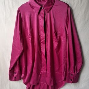 Lane Bryant Satin Button-Down Shirt in Fuchsia
